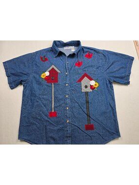 Vintage Haiks Denim Shirt 3X Embroidered Birdhouses Birds Short Sleeve Top